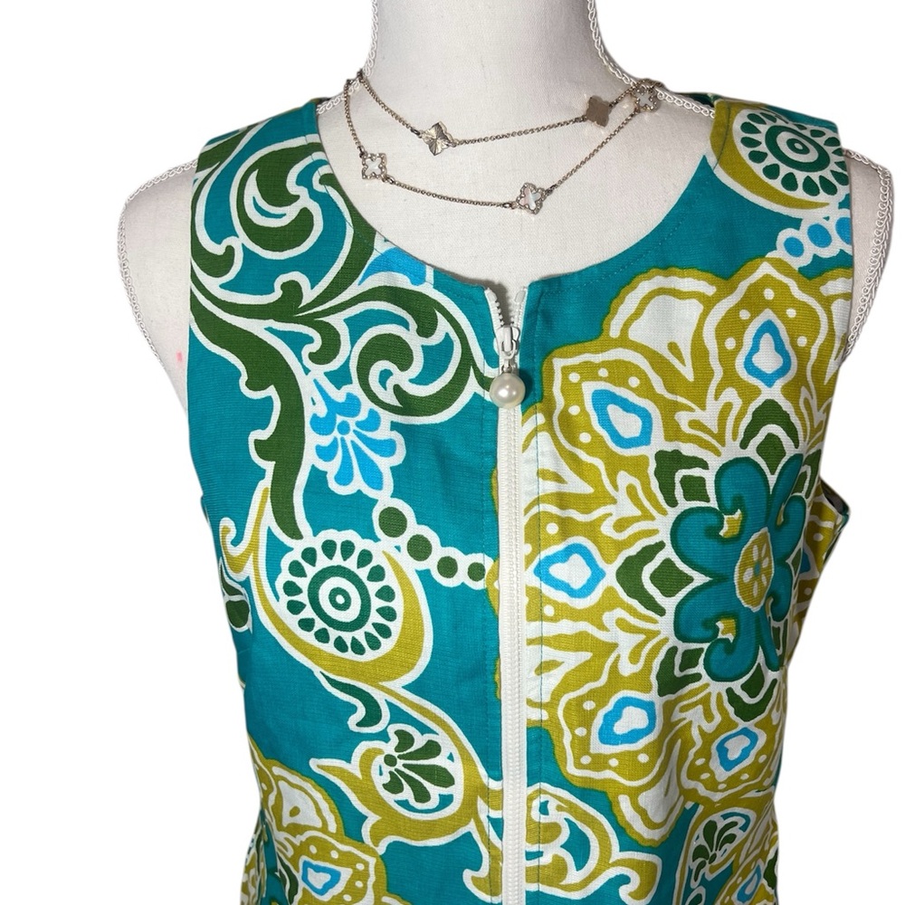Taylor Women’s Size 10 Linen Silk Blend Zip Front Shift Dress Floral Teal Green